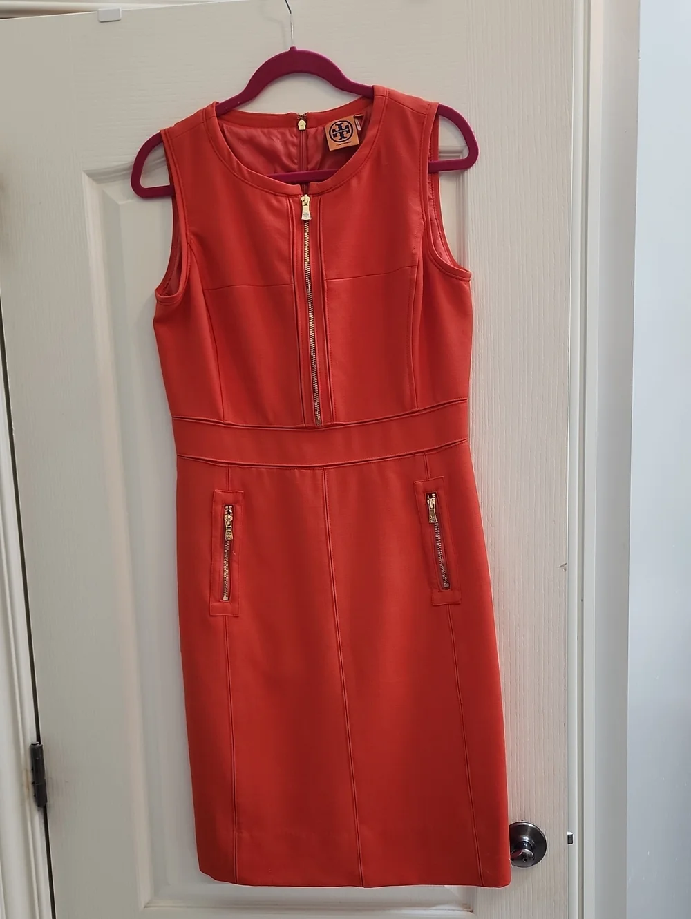 Tory Burch Coral-Red Sleeveless Sheath Dress with Gold Zippers